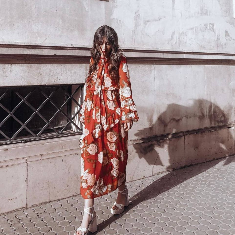 ZARA FLOWY RUFFLE TRIM LONG DRESS WITH TIE ROSE PRINT RED - Picture 10 of 16